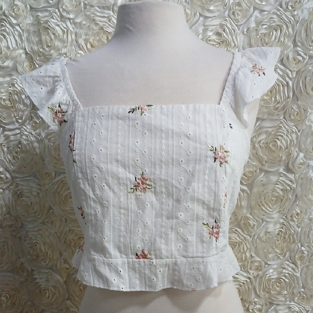 Kurious Boho Style Crop Top Eyelit Floral Rouged Sleeves Sz Xl